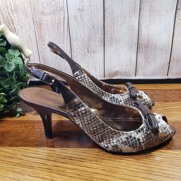 Ellen Tracy Size 9 Brown Snakeskin Print Jaywalk Slingback Open Toe Heels - Picture 6 of 10